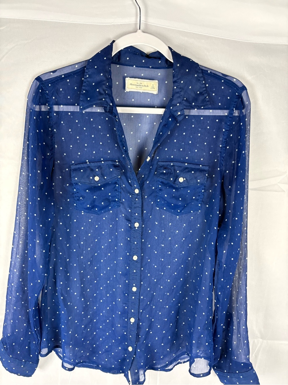 Abercrombie & Fitch navy blue polka dot sheer long sleeve blouse layering preppy